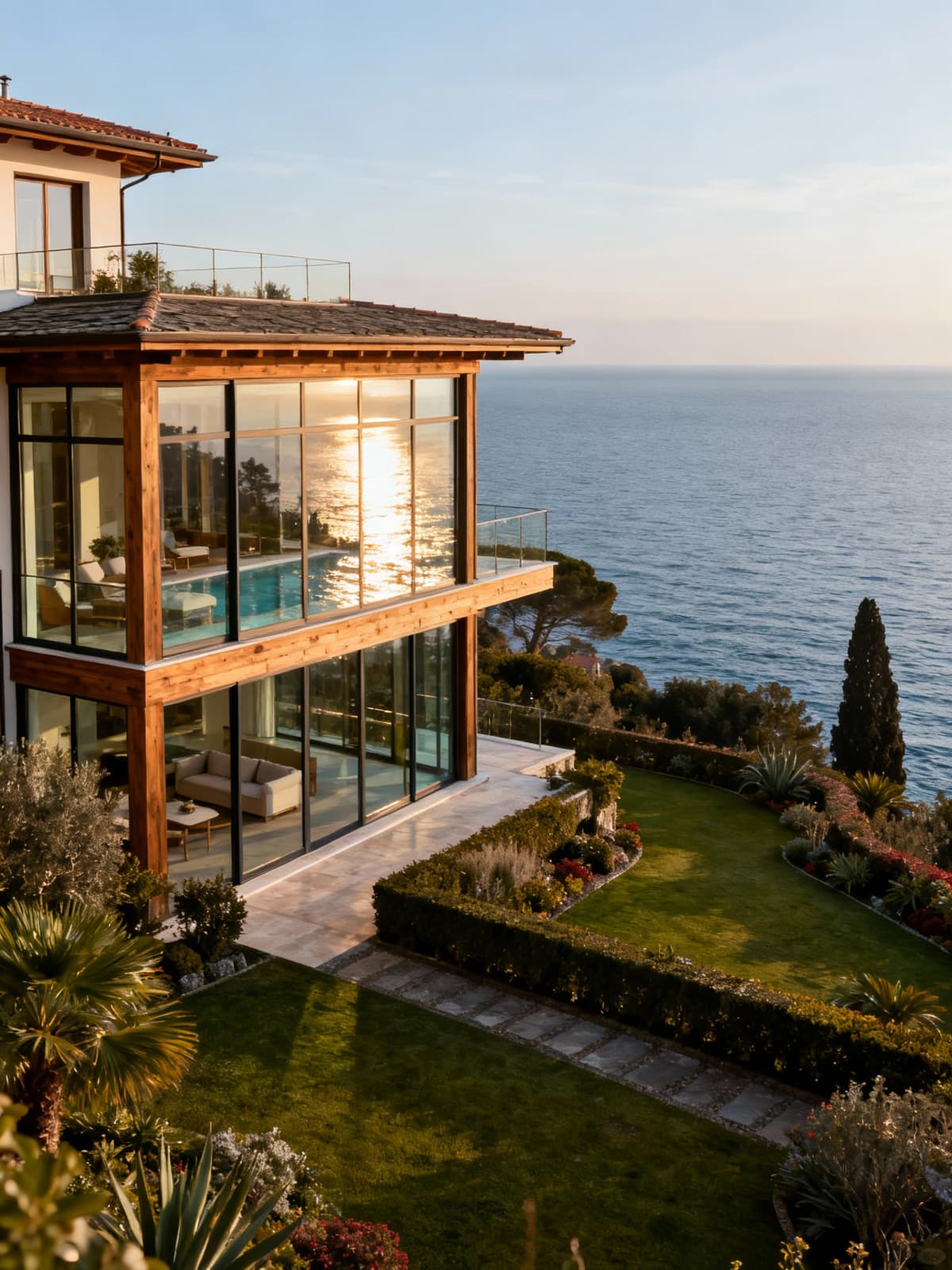 Luxurious oceanfront villas in Santa Margherita Ligure, showcasing stunning views and elegant gardens under soft winter light.