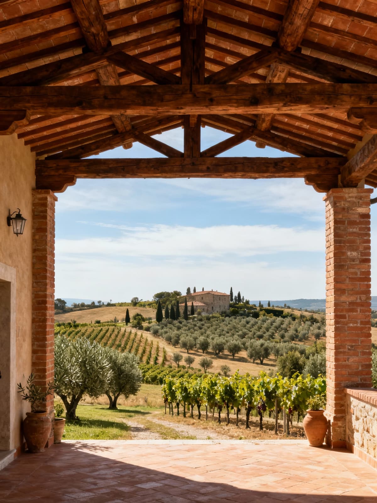 Agriturismi di charme nella campagna viterbese, circondati da vigneti e oliveti, con strutture in cotto e travi a vista.