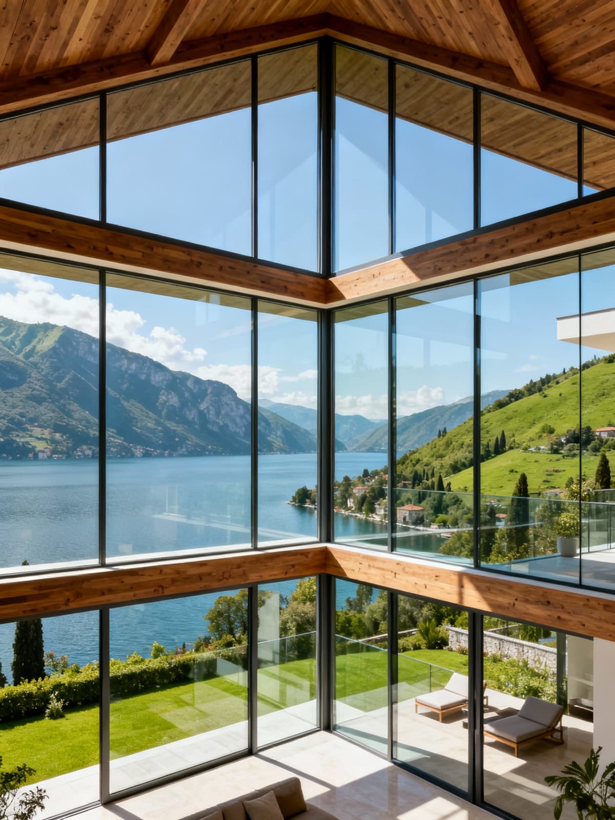 Exclusive penthouses overlooking the stunning shores of Lake Garda, featuring large windows and a serene natural landscape.