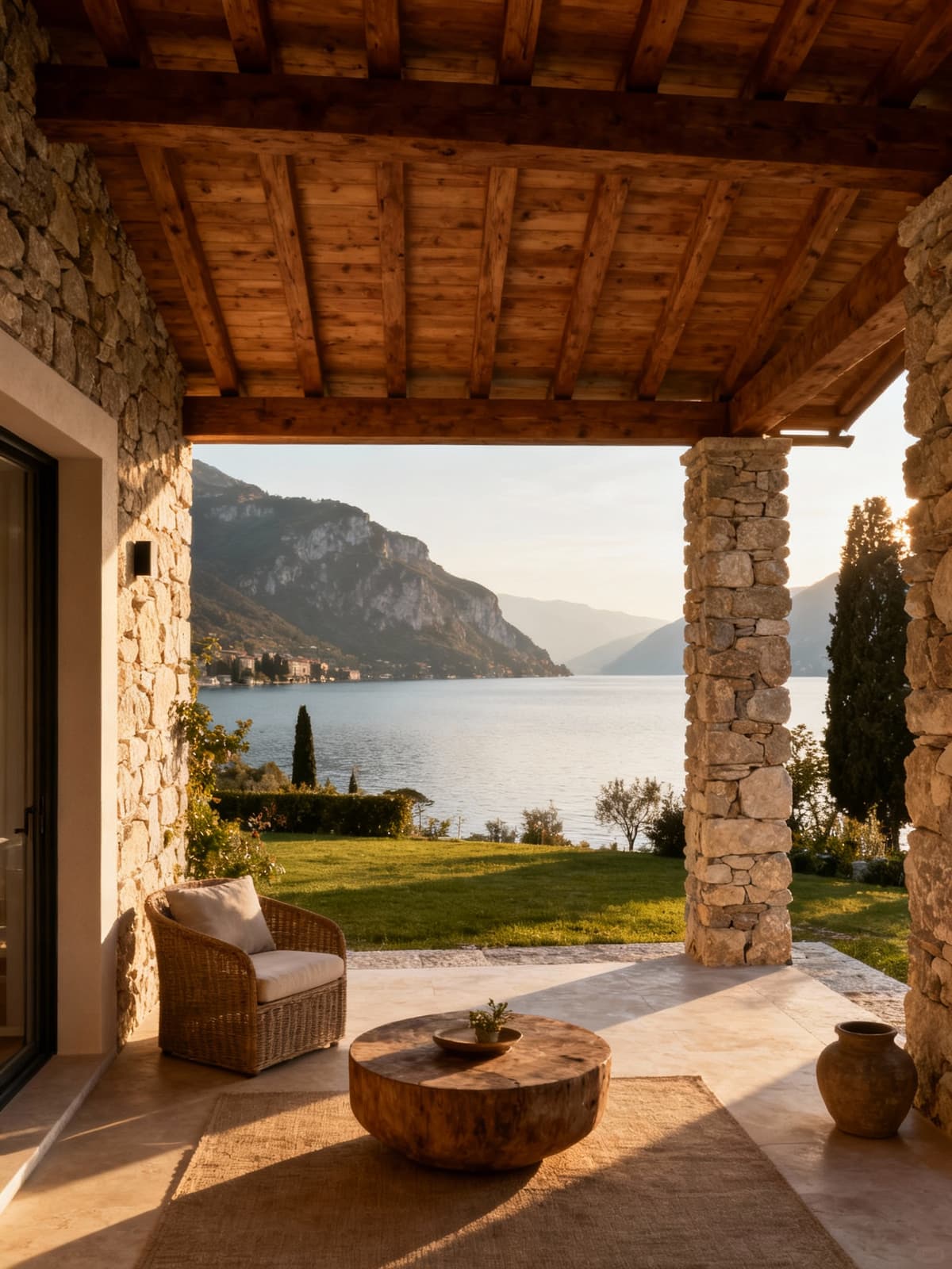 Luxury independent homes nestled along the shores of Lake Garda, showcasing local stone and wood in a serene morning light.