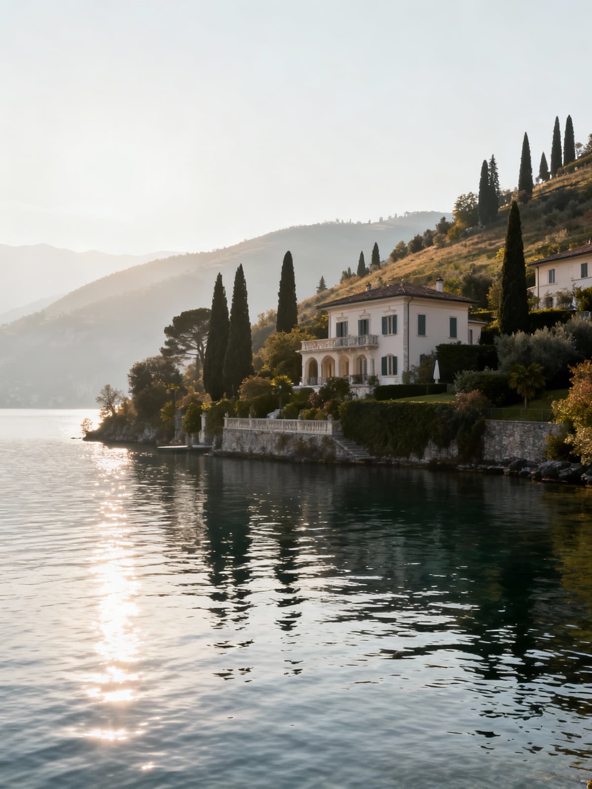 Exclusive villas overlooking Lake Garda, nestled in a serene hillside landscape with lush evergreen plants, inviting tranquil luxury.