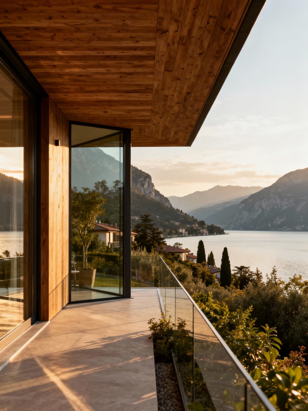 Elegant townhouses by Lake Garda, surrounded by lush nature and stunning views, featuring modern wood and glass details.
