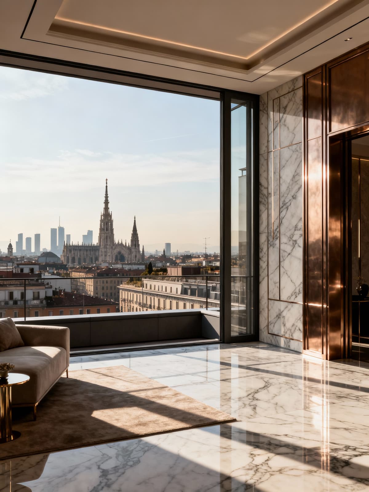 Luxury penthouse in Milan featuring modern elegance, marble finishes, and brass details against a breathtaking city skyline.