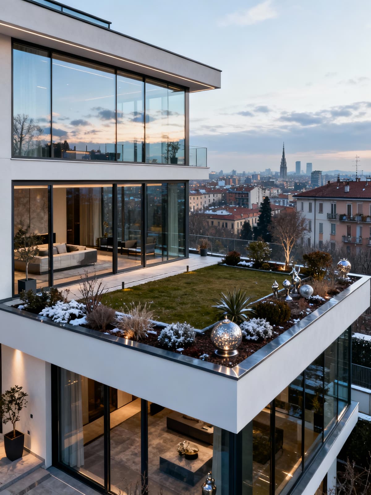 Luxury villa in vibrant Milan, showcasing modern design with glass and metal accents, overlooking a serene green terrace.