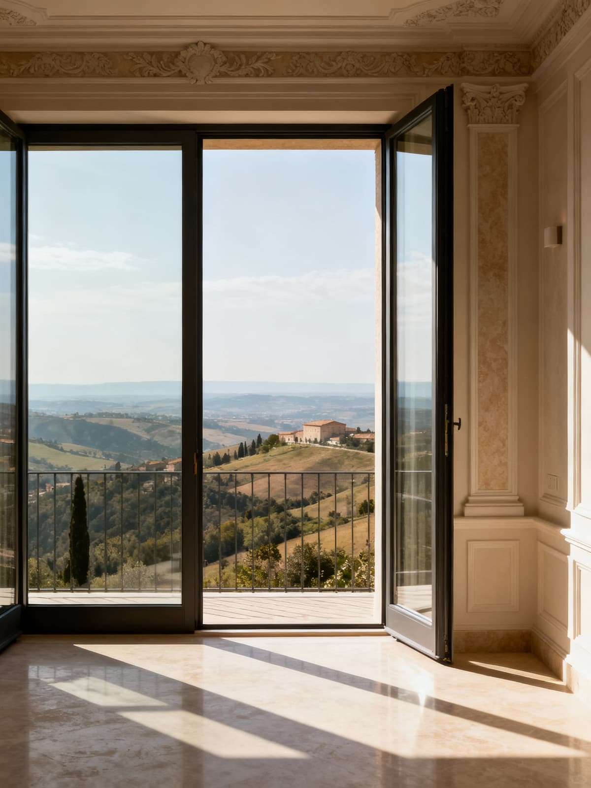 Appartamenti di lusso nelle colline marchigiane, eleganti architetture e panorami mozzafiato, atmosfera serena e raffinata.