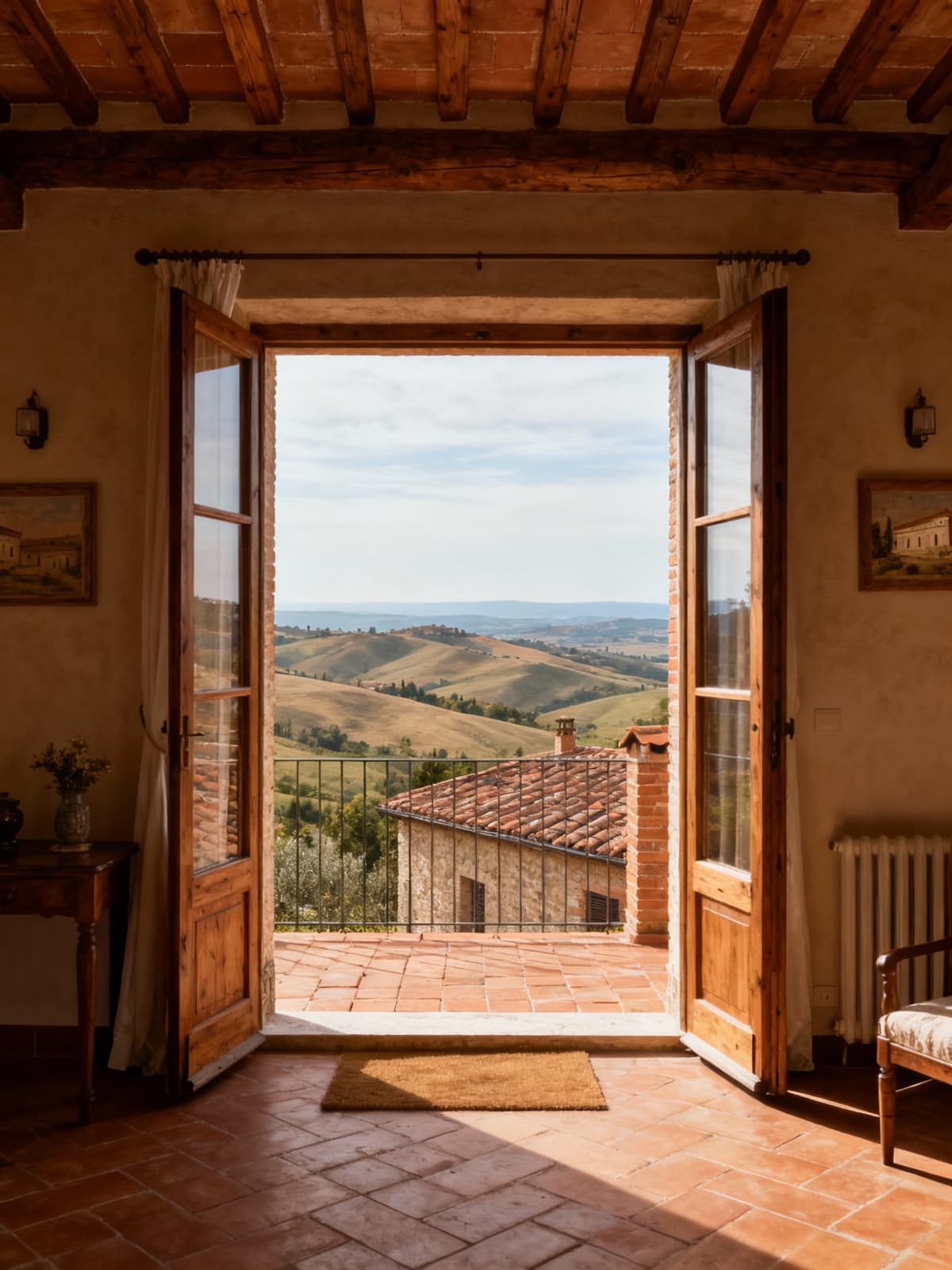 Charming rustic home overlooking the hills of Pesaro and Urbino, blending natural wood interiors with stunning Marche landscapes.