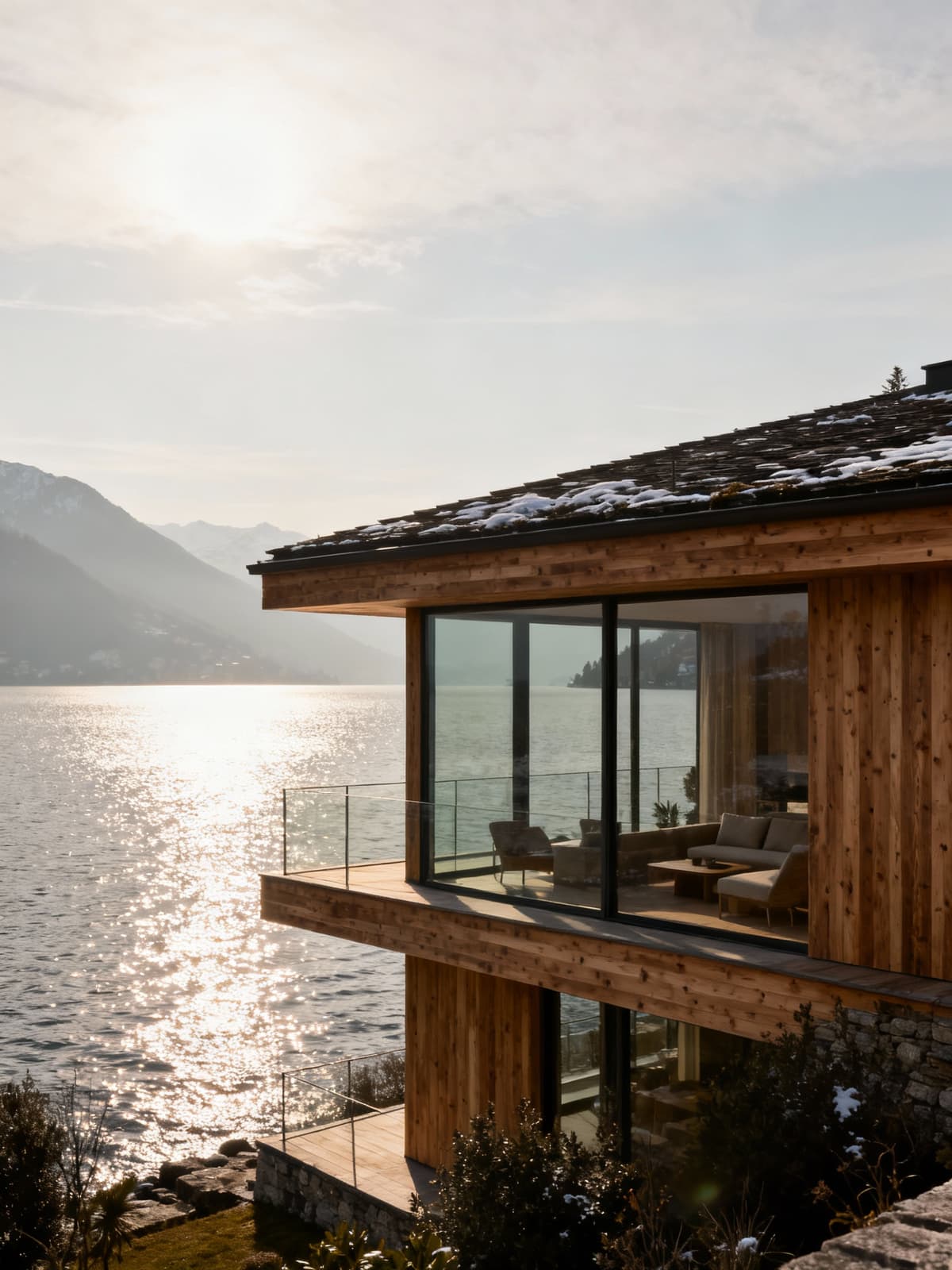 Albergo di lusso in legno e vetro sulle rive del Lago Maggiore, immerso nella luce invernale e riflessi del lago.
