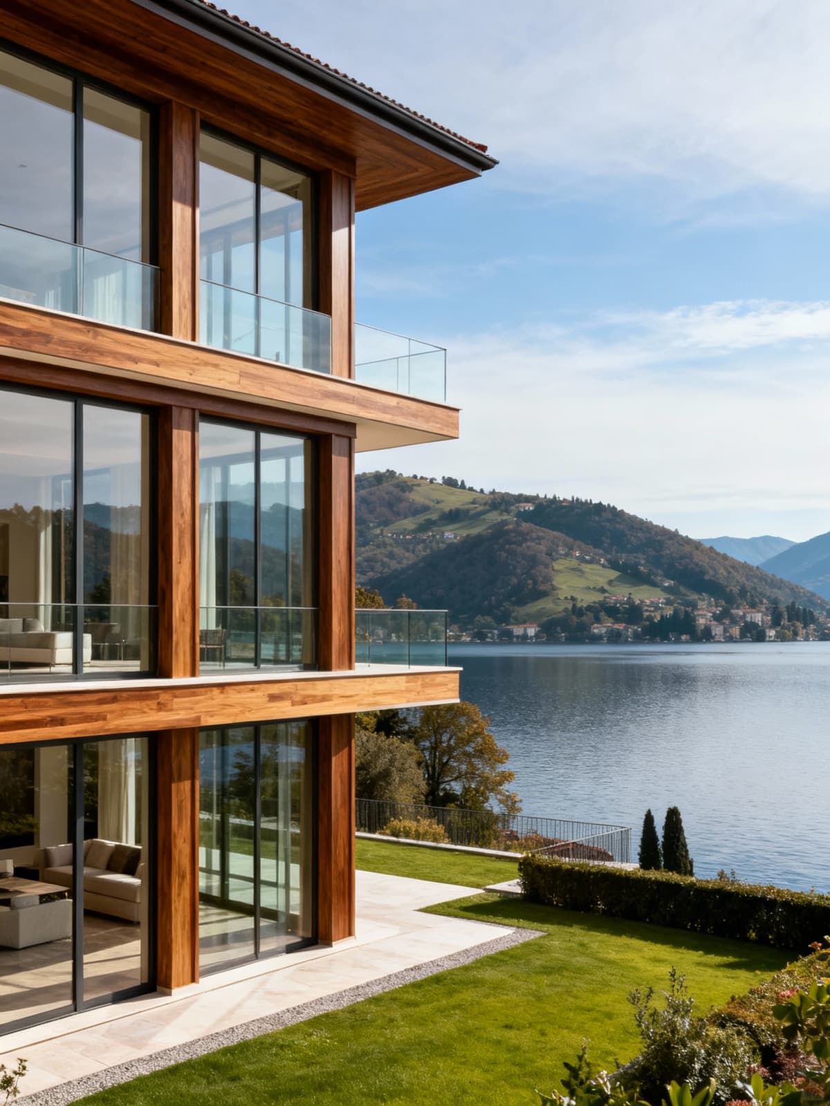 Exclusive villas overlooking Lake Maggiore in Piedmont, featuring large glass windows and natural wood accents amidst stunning landscapes.