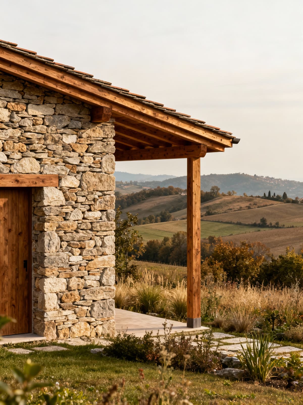 Semi-detached homes in the lush Piedmont countryside near Turin, crafted from natural stone and wood.