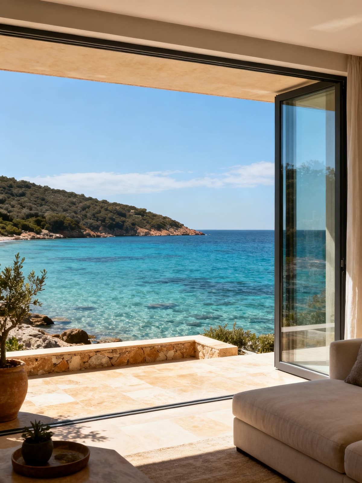 Exclusive apartments on Elba Island's crystal-clear sea, featuring large windows, warm natural materials, and a serene blue sky.
