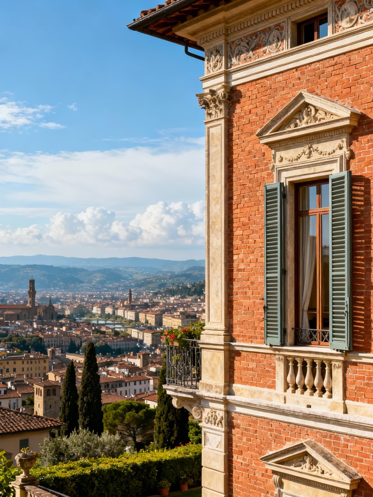 Luxury apartments in historic villas in Florence showcase stunning architecture against a clear sky, capturing Renaissance elegance.