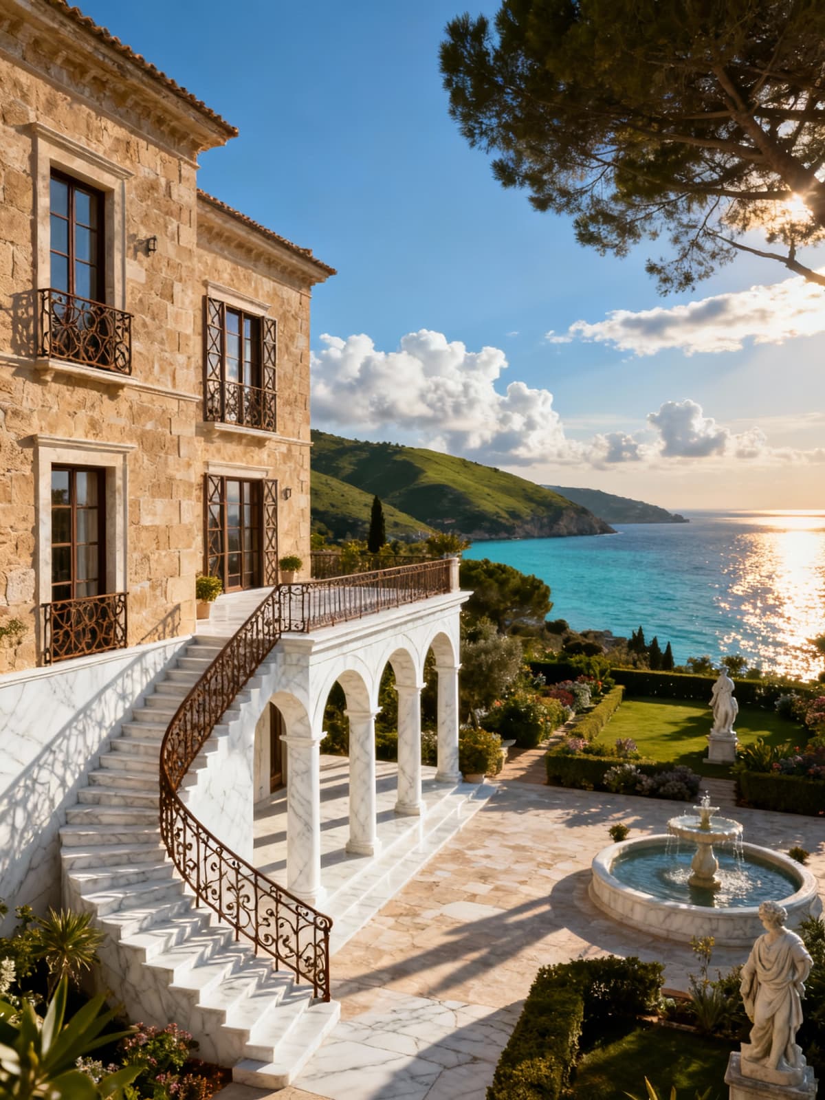 Case eleganti a Porto Cervo con vista sul mare cristallino, immerse in un contesto architettonico esclusivo e naturale.