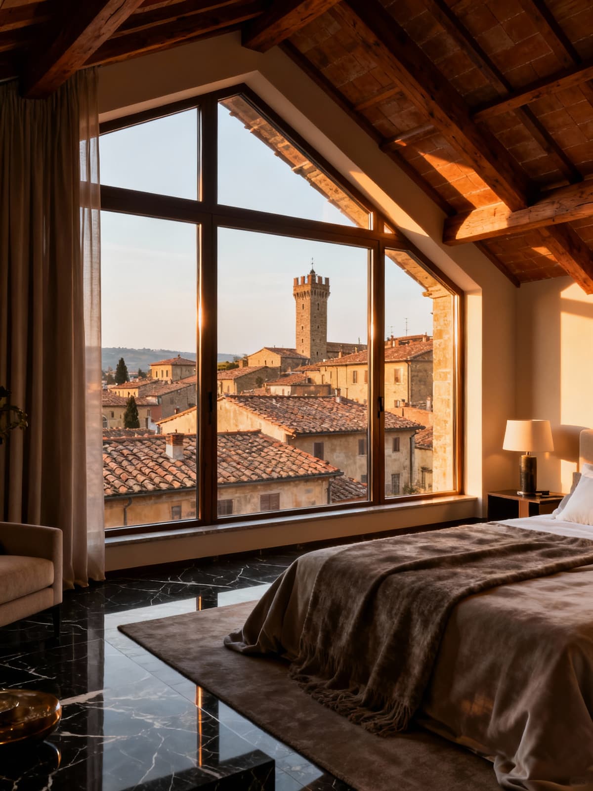 Luxurious penthouse in Arezzo showcasing breathtaking views of medieval rooftops and towers, bathed in warm light.