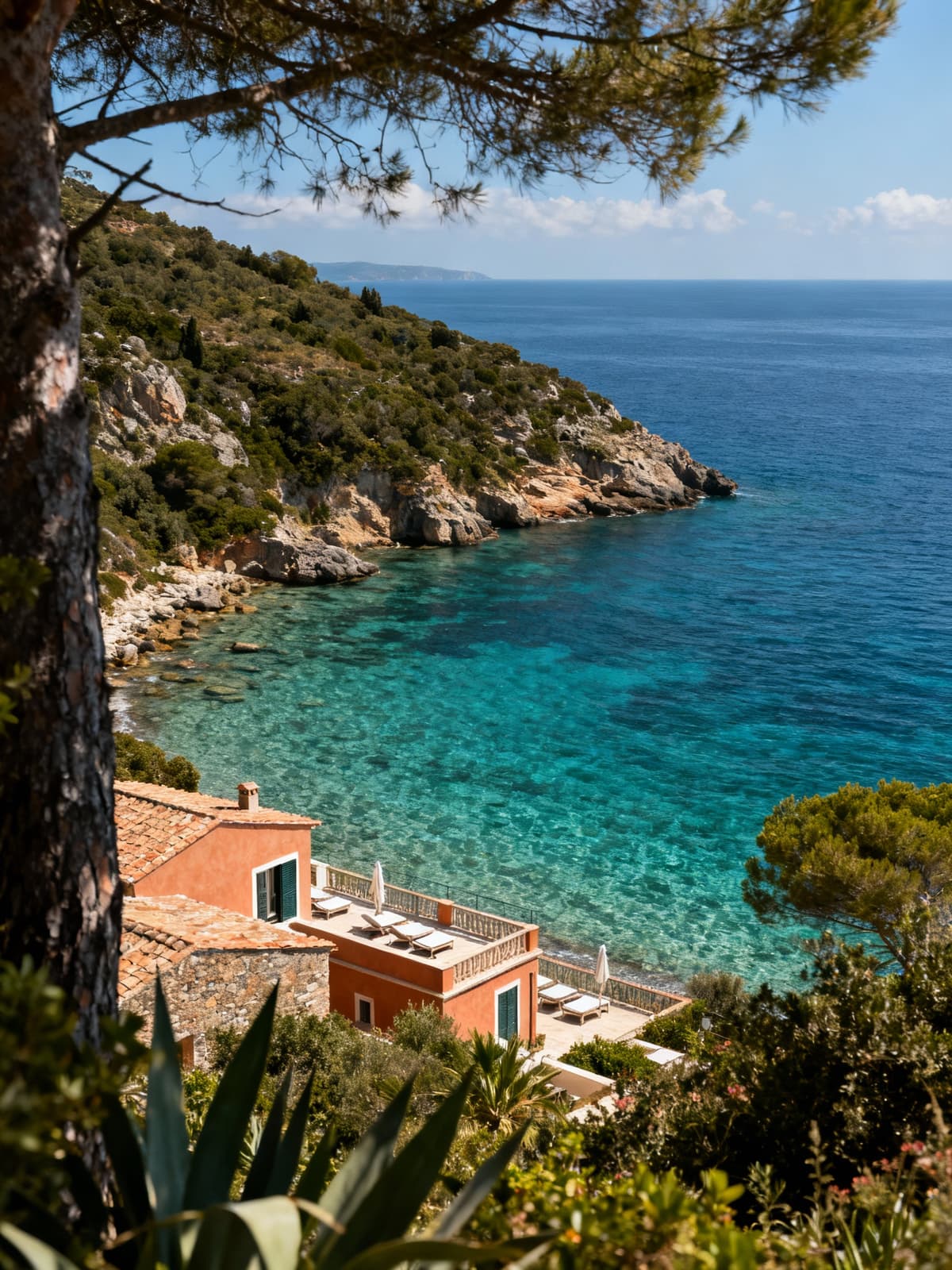 Luxury hotels overlooking the crystal-clear sea of Elba Island, showcasing stunning landscapes with natural photographic detail.