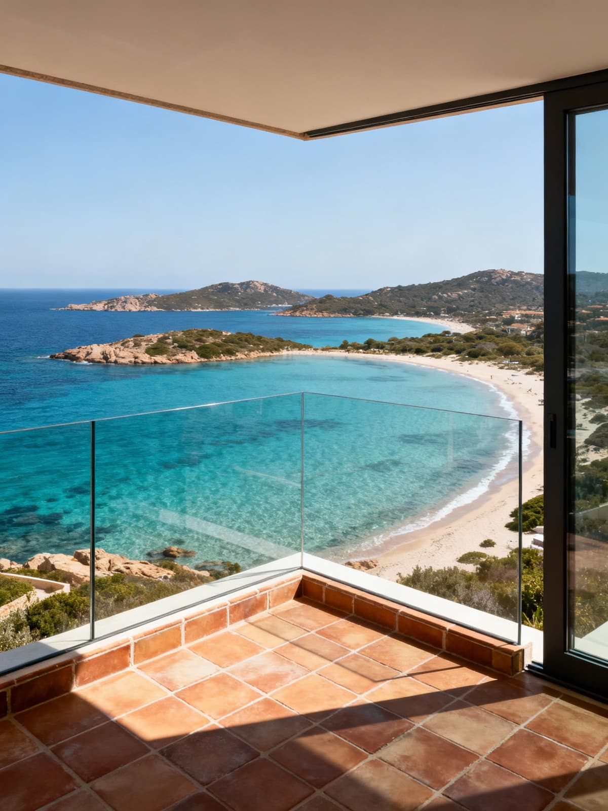 Exclusive apartment in Porto Cervo with stunning views of the crystal-clear Sardinian sea and elegant terracotta and glass finishes.