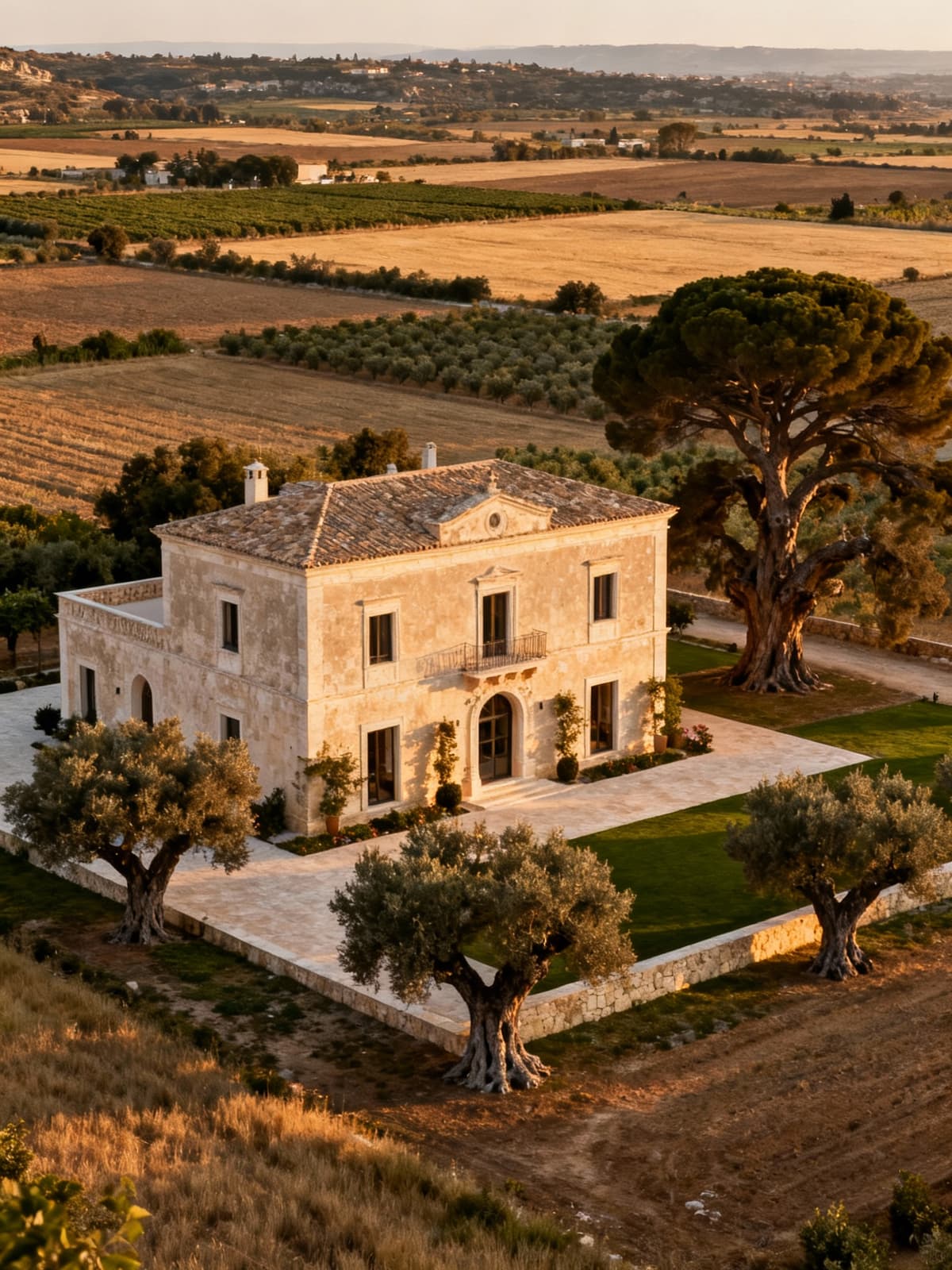 Luxurious commercial property nestled in the Sicilian countryside, surrounded by ancient trees and fertile fields under warm afternoon light.