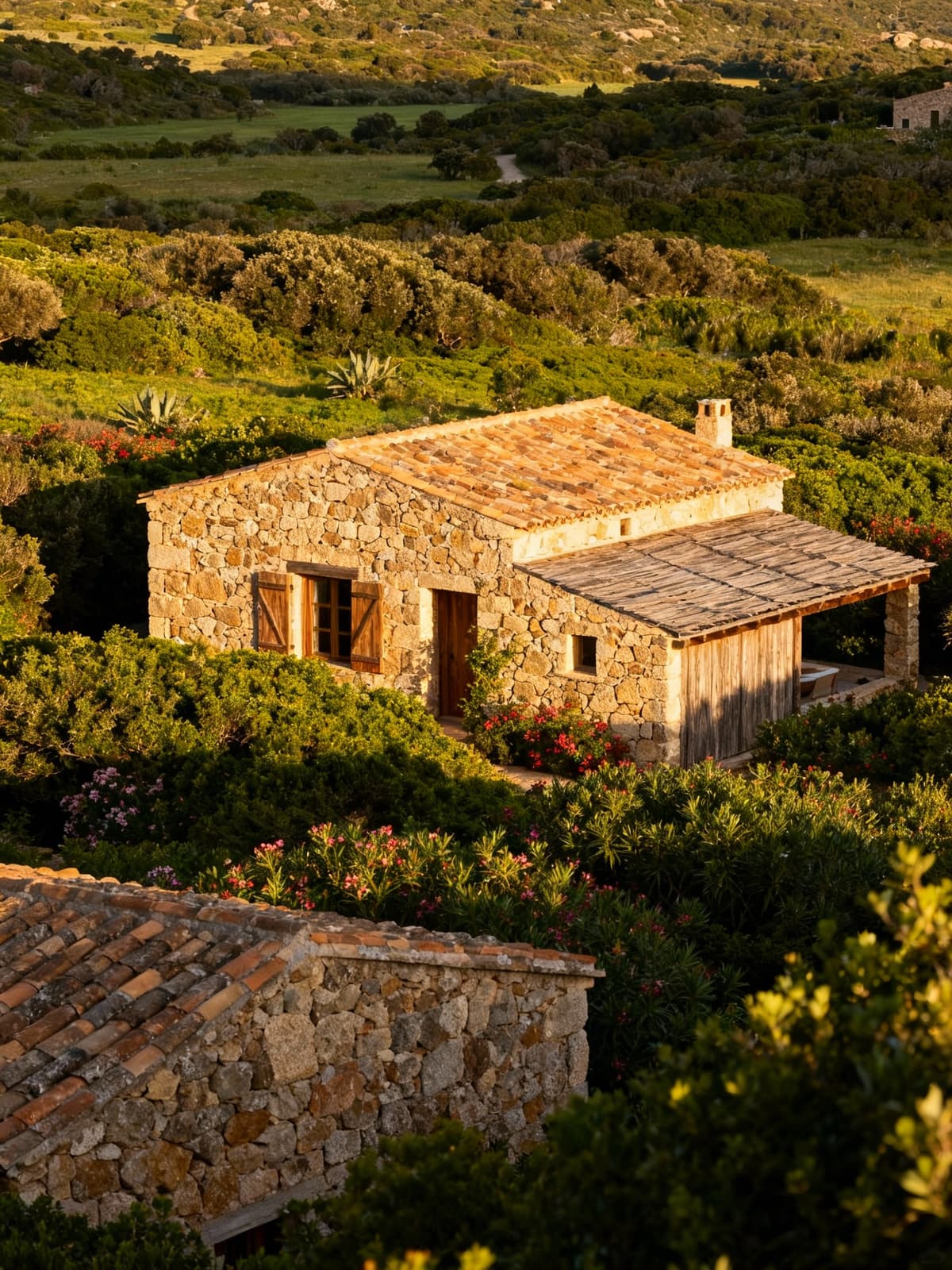 Rustic villas nestled in Porto Cervo's emerald countryside, showcasing natural stone and wooden structures amid vibrant greenery.