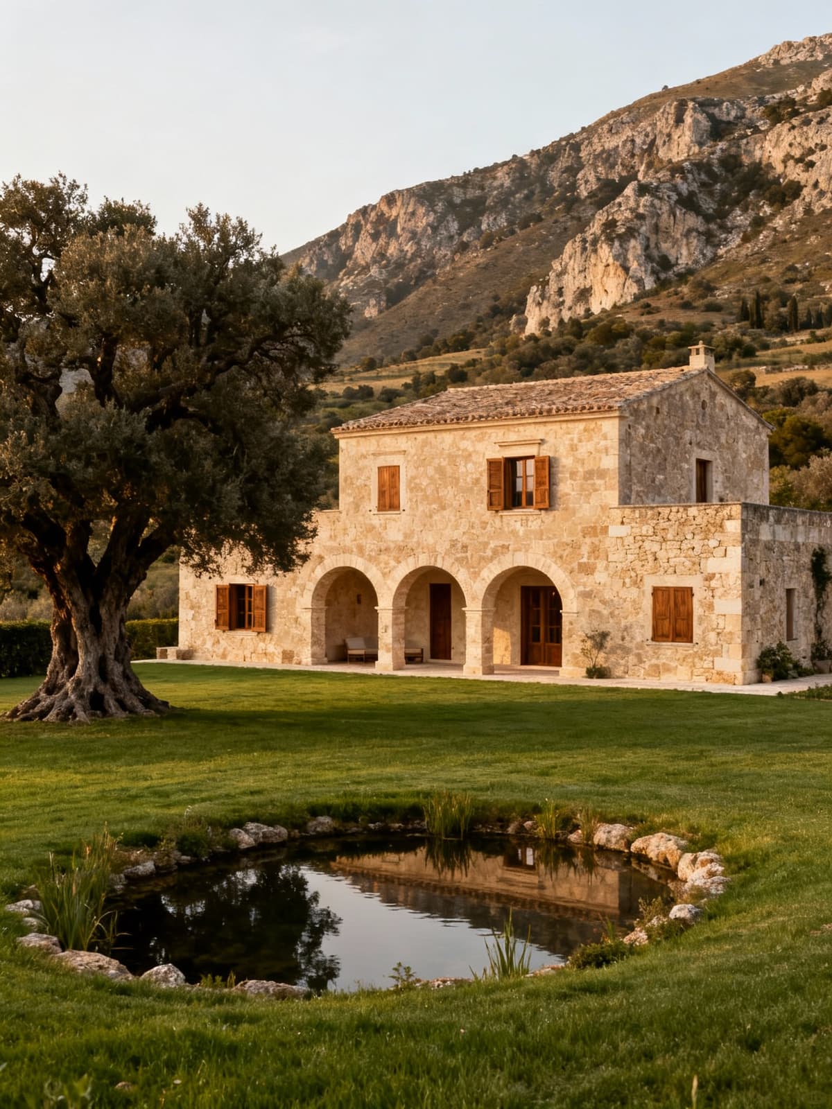 Rustic properties in the serene Sicilian countryside, surrounded by lush greenery and historical details, exuding luxury.