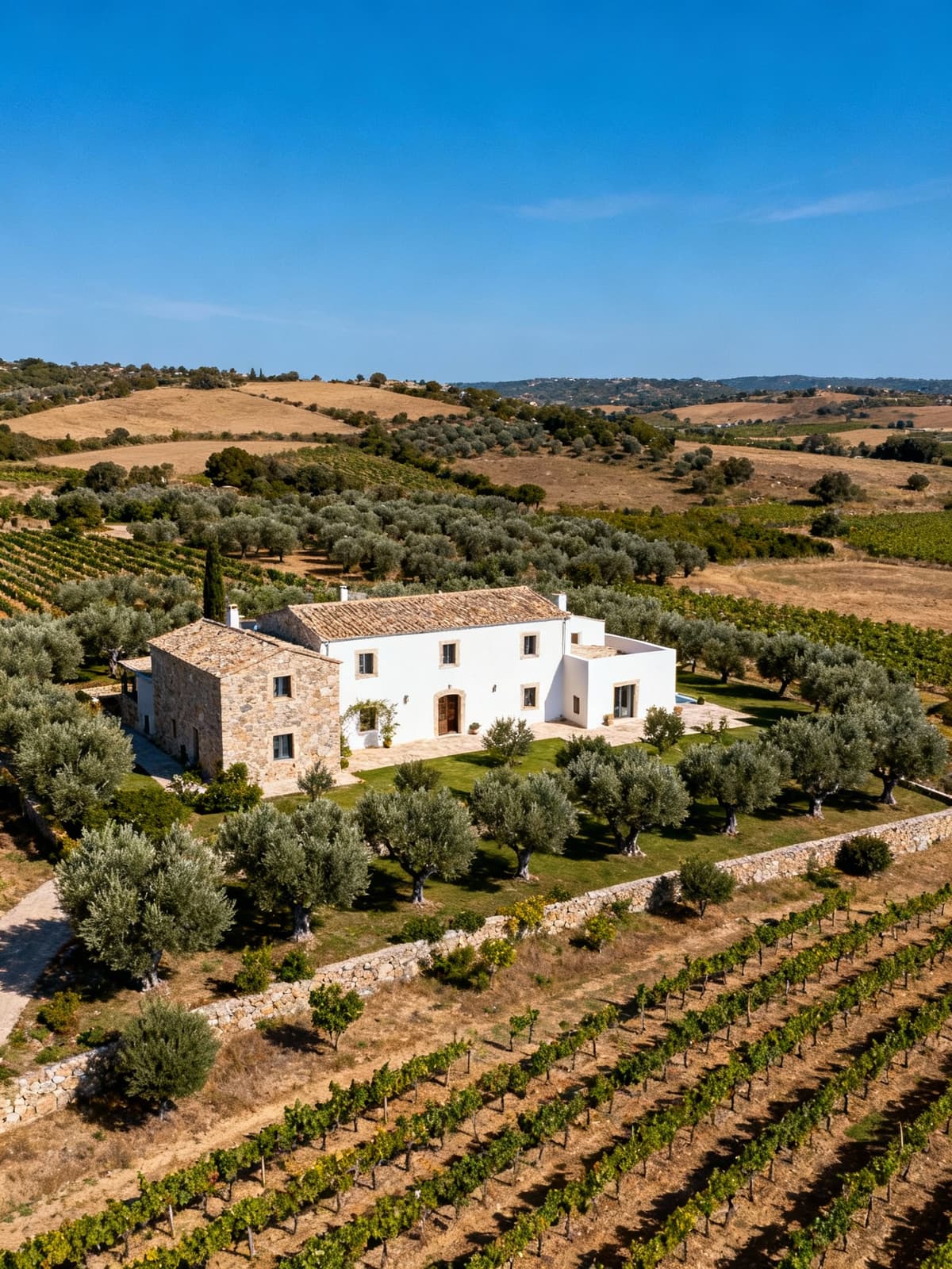 Luxury agriturismos in Sardinia's countryside, surrounded by olive groves and vineyards under a clear blue sky.