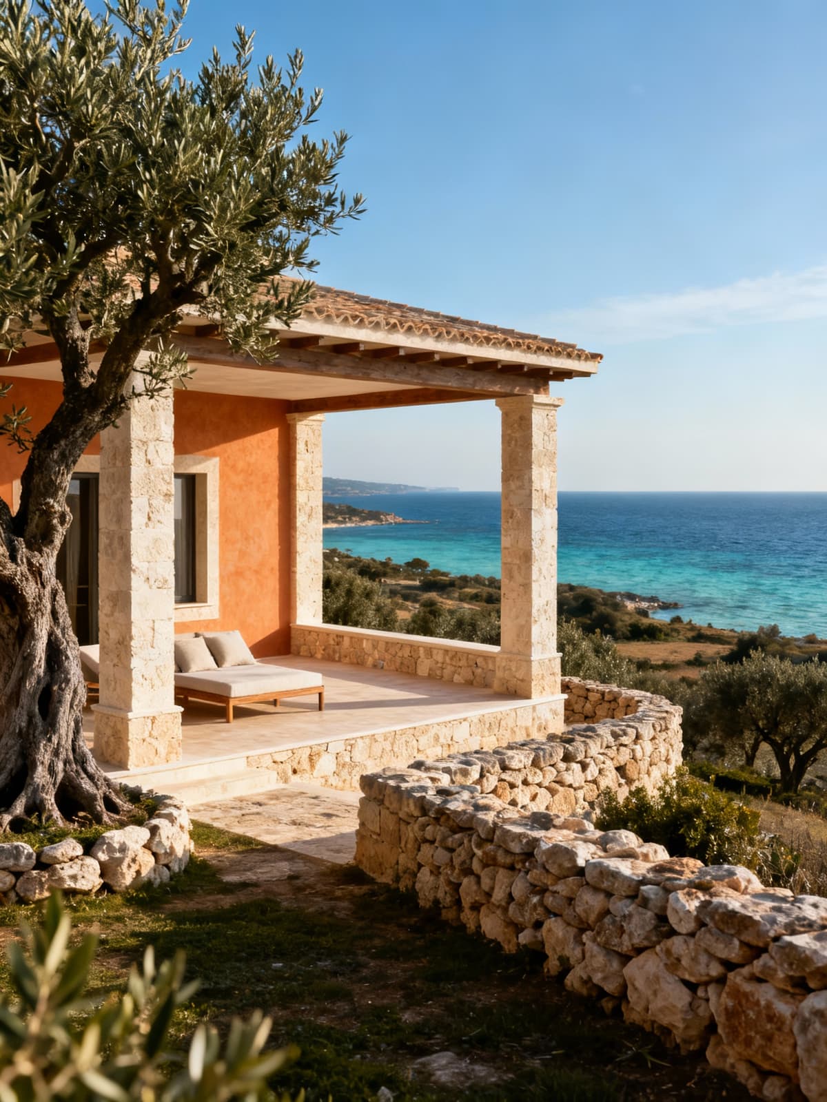 Elegant masseria overlooking crystal-clear Salento waters, surrounded by ancient olive trees and dry stone walls, in soft winter light.