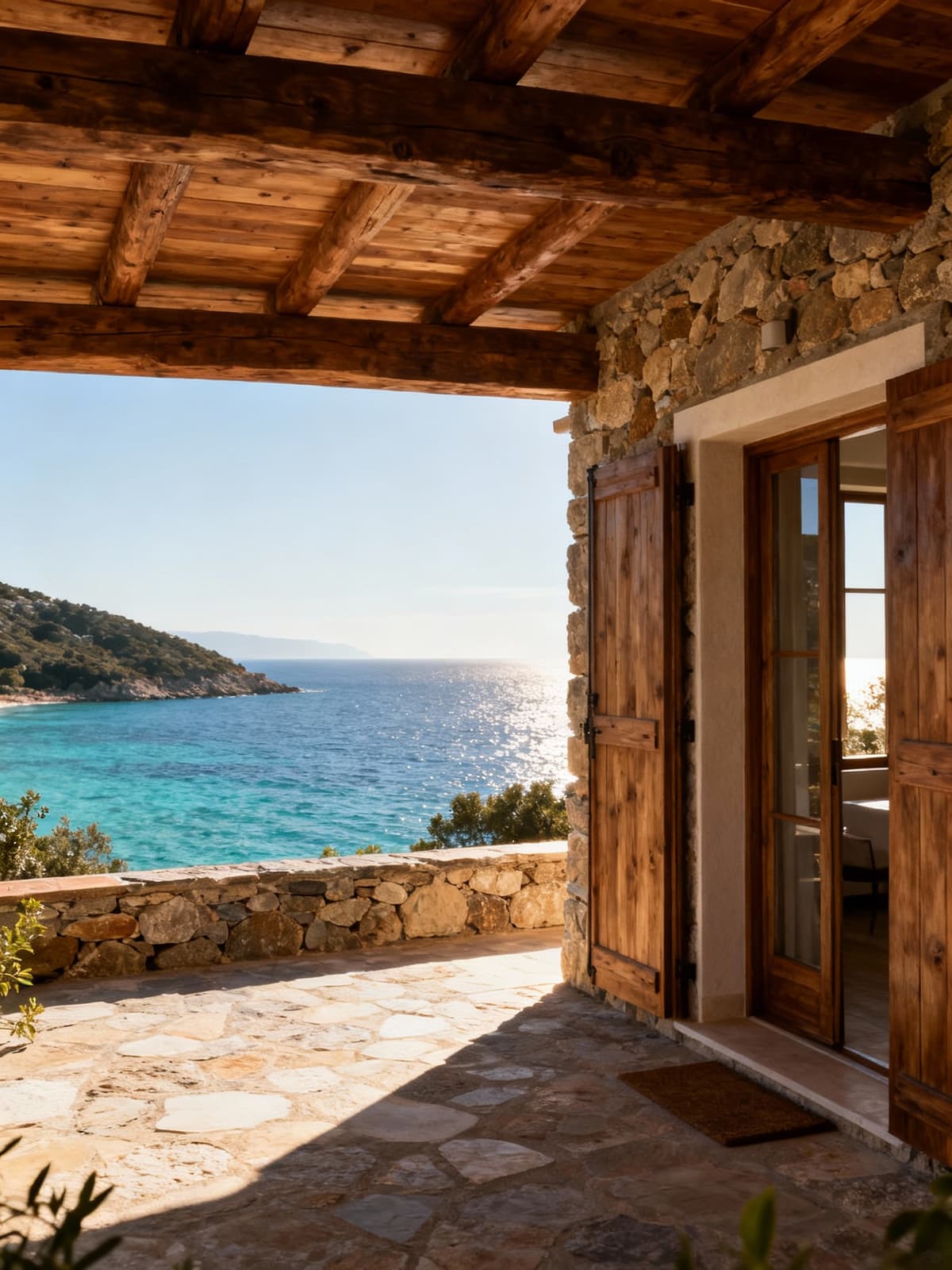 Stunning independent houses with sea views on Elba Island, featuring natural wood and stone materials in morning light.