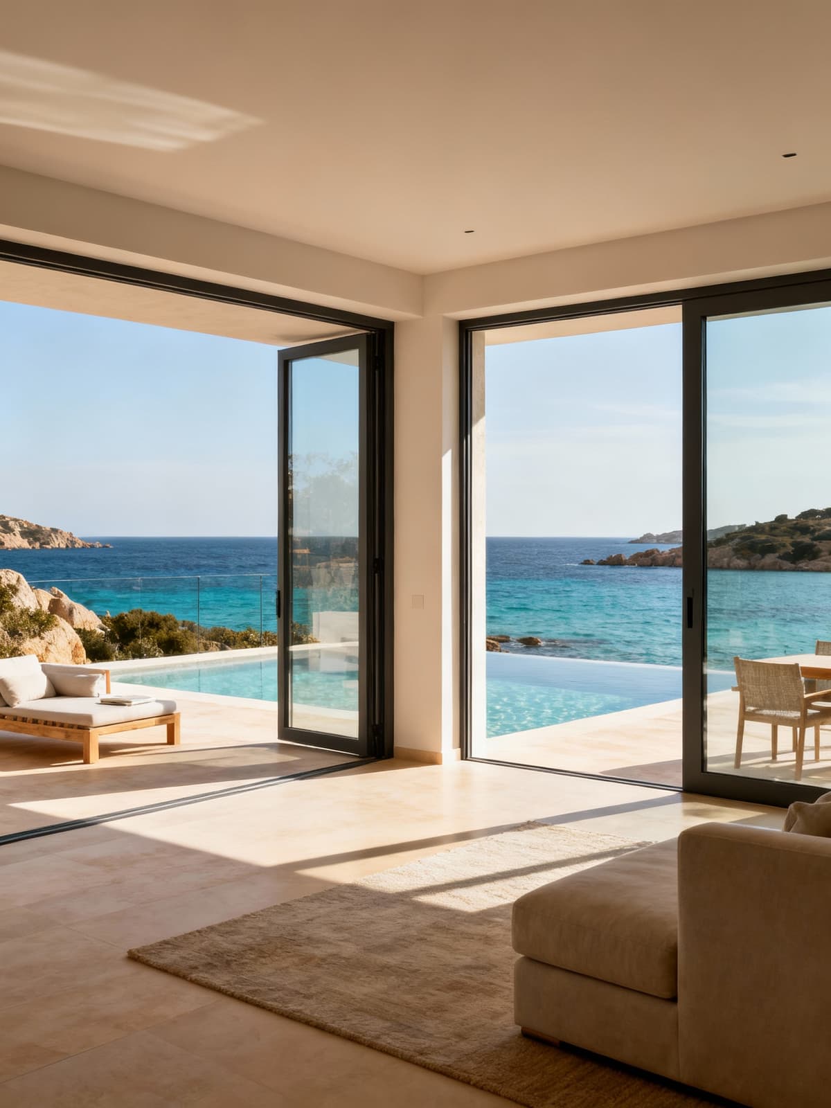 Appartamenti di lusso in villa con vista sul mare cristallino di Porto Cervo, interni moderni e luce calda invernale.