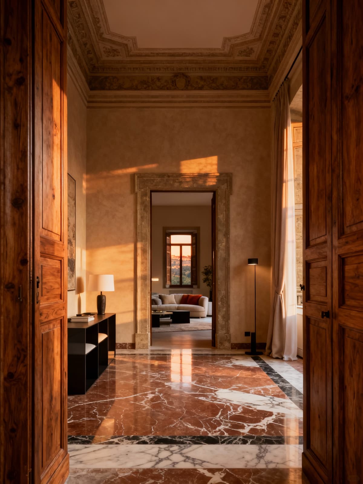 Historic building in Arezzo showcasing elegance and modernity, illuminated by soft afternoon light highlighting refined interiors.