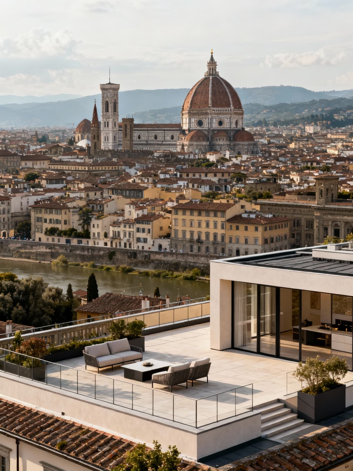 Exclusive penthouse in Florence featuring spacious terraces and stunning views of historic landmarks, blending modern finishes with vibrant city atmosphere.