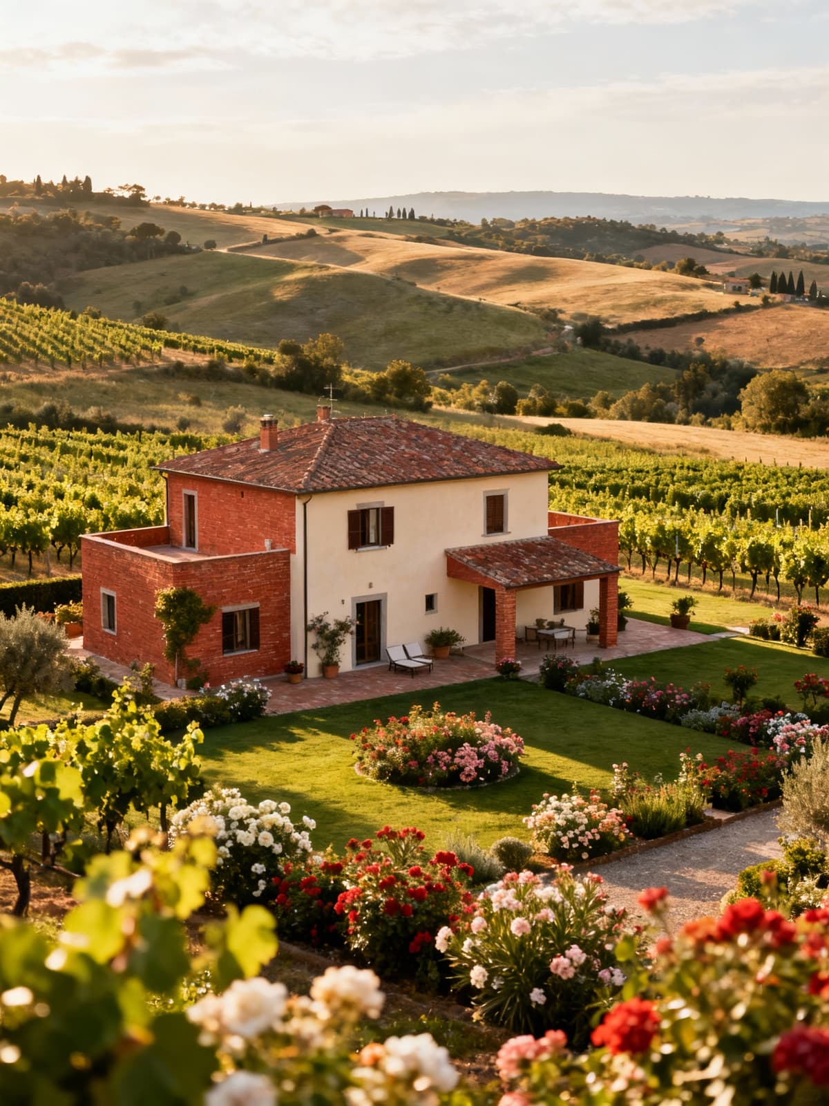Independent houses nestled in the Tuscan countryside of Grosseto, featuring red brick and light plaster under morning light.