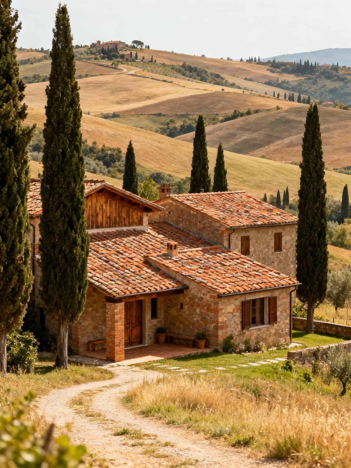 Charming terraced house in the idyllic Tuscan countryside of Val d'Orcia, surrounded by rolling hills and cypress trees.