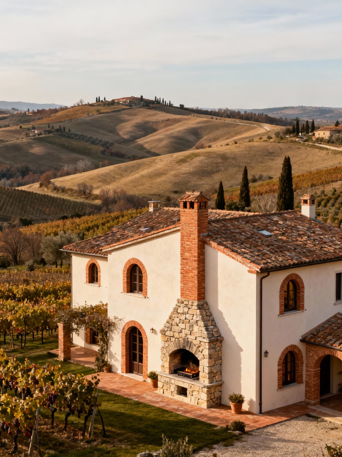 Prestigious villas in Val d'Orcia, Tuscany, surrounded by lush vineyards and rolling hills in soft winter light.