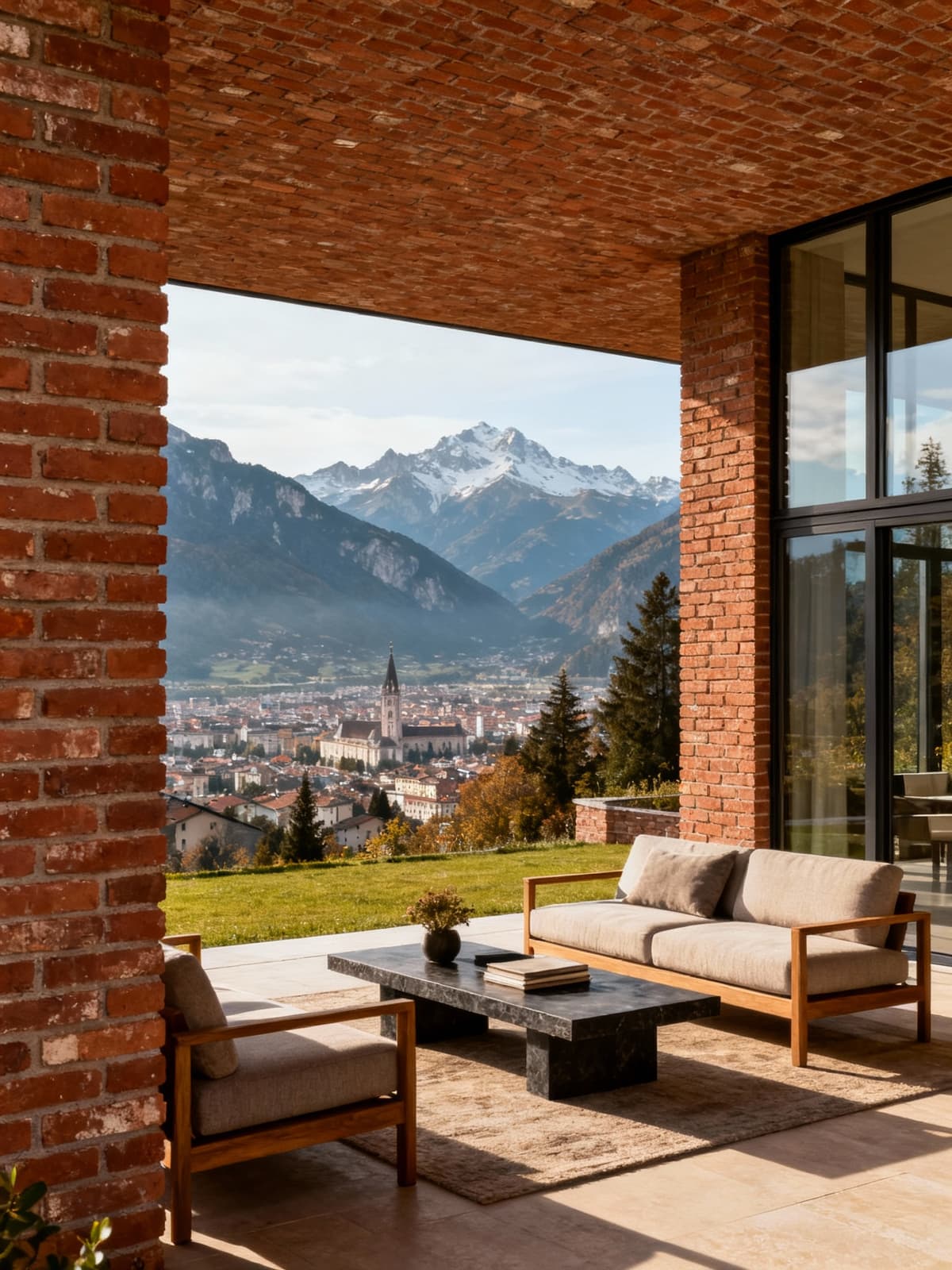 Luxury villas nestled in the Trentino-Alto-Adige mountains, showcasing breathtaking views of Bolzano with elegant brick and glass architecture.