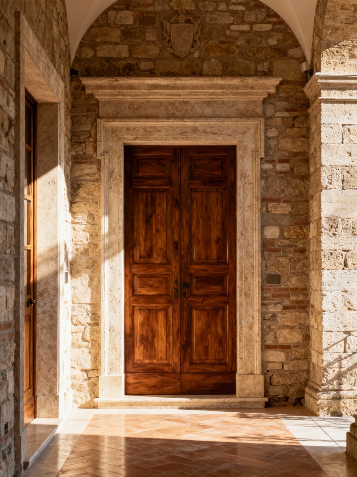 Luxury apartments in historic Perugia, featuring wooden elements and stone walls, warmly illuminated by morning light.