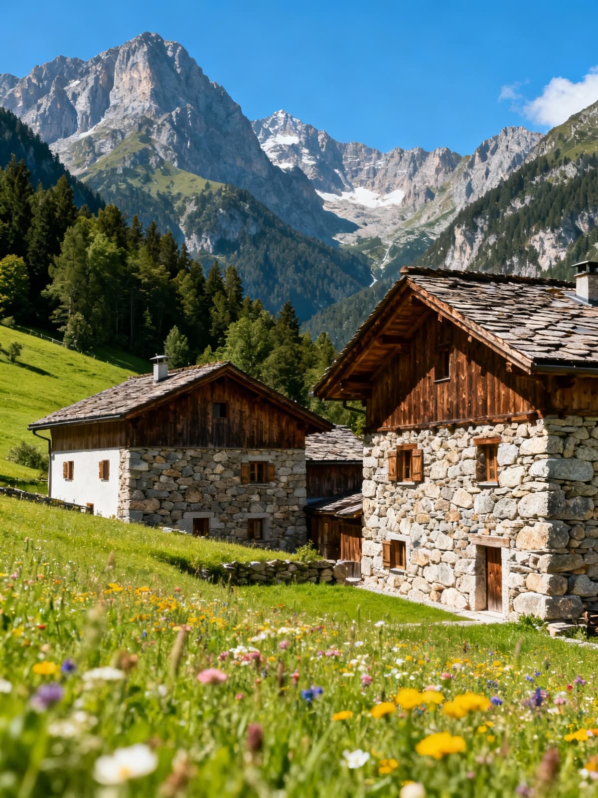 Rustic farmhouses nestled in the mountainous landscapes of Trentino-Alto Adige, showcasing natural architecture amidst lush greenery.