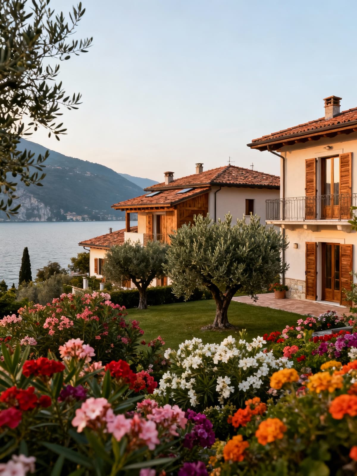 Semi-detached homes overlooking Lake Garda in Veneto, surrounded by lush greenery and highlighted by morning sunlight.