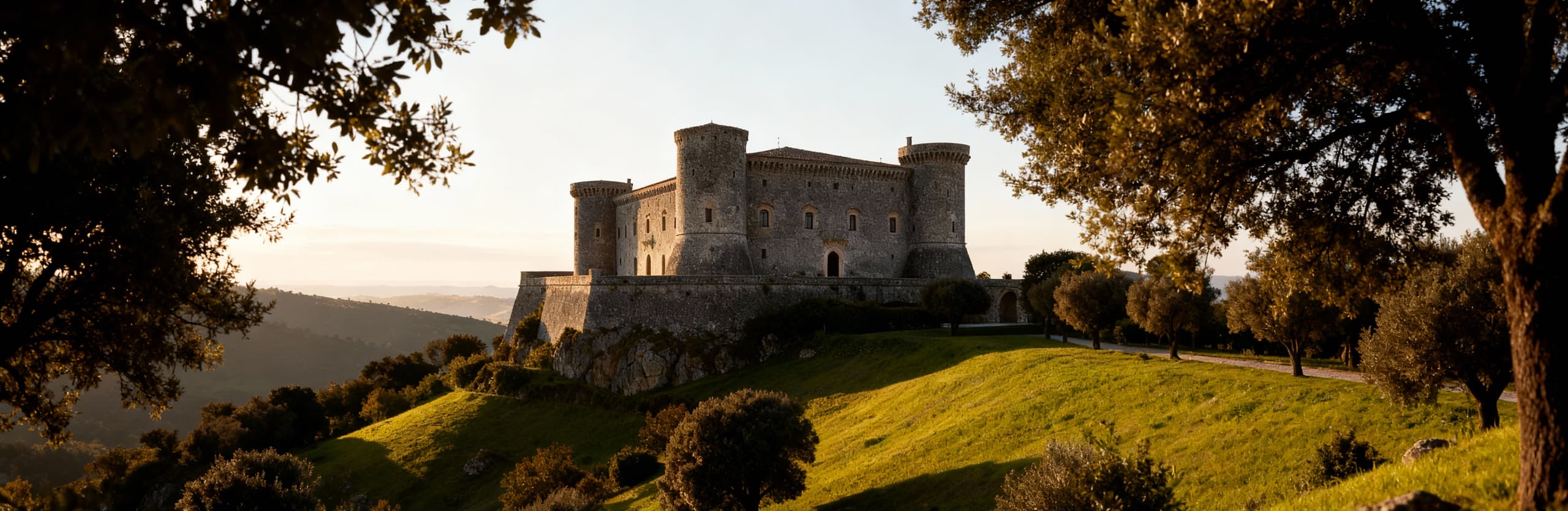 Immobili di lusso a Viterbo, castello storico tra colline verdi e cielo sereno, atmosfera di pacata bellezza.