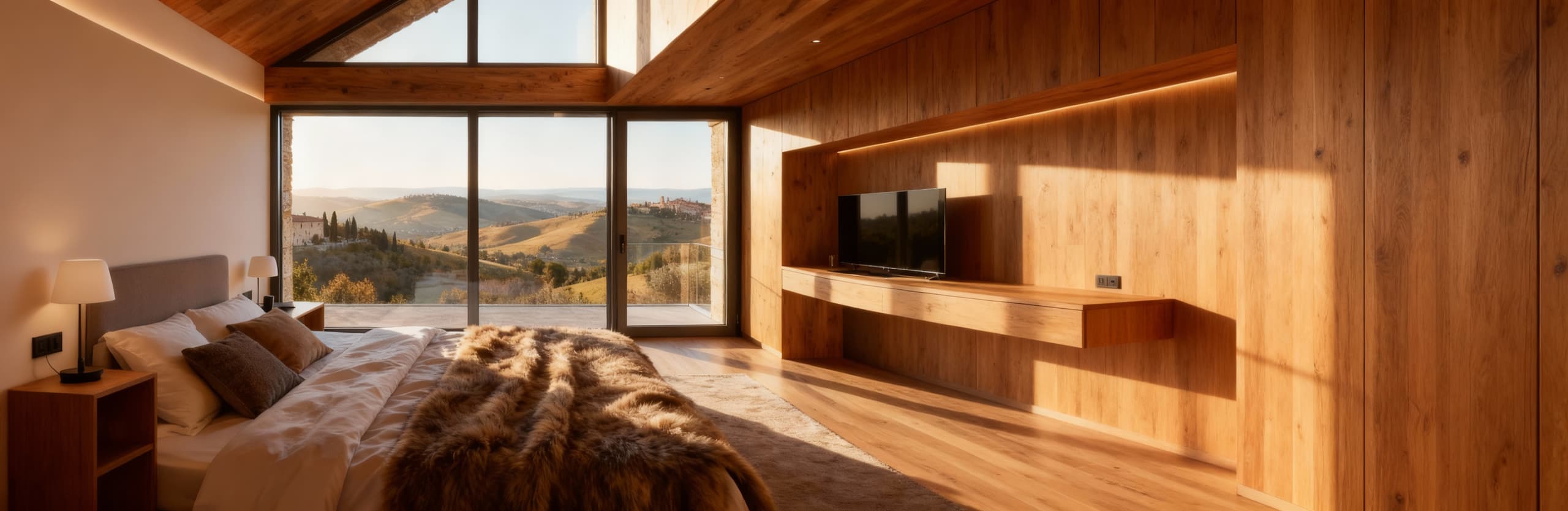 Attico panoramico a Perugia, interni eleganti in legno e vetro, luce del mattino che illumina la vista sulle colline umbre.