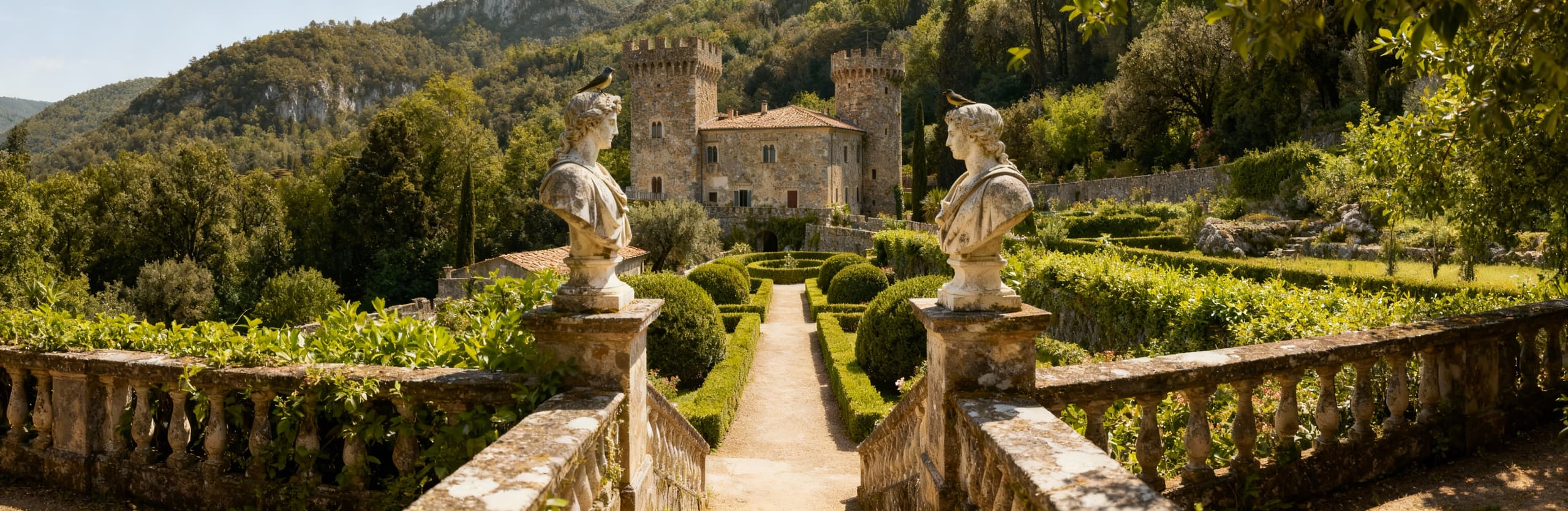 Castello storico in Lombardia, circondato da un giardino all'italiana, con torri e statue classiche immerso nella natura.