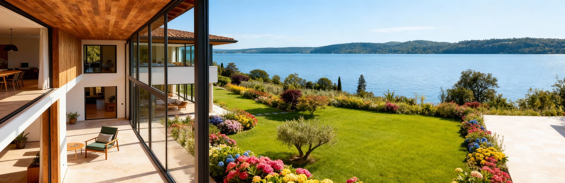 Villa moderna in vendita nella Valle d'Aosta, vista lago, ampie terrazze e giardino rigoglioso. Design elegante e luminoso.