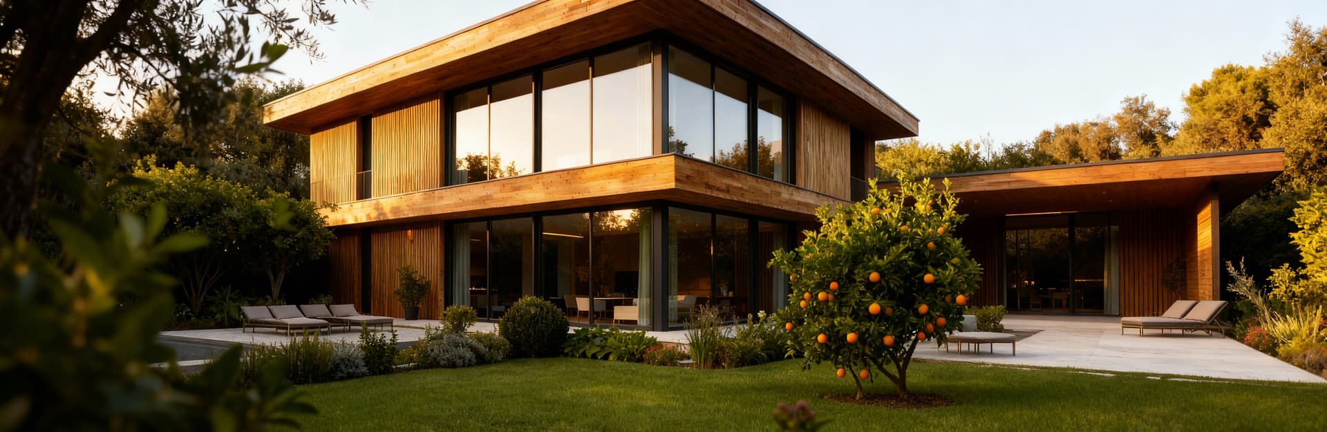 Immobili di prestigio in vendita a Gorizia, con architettura moderna in vetro e legno immersi in un giardino verdeggiante.