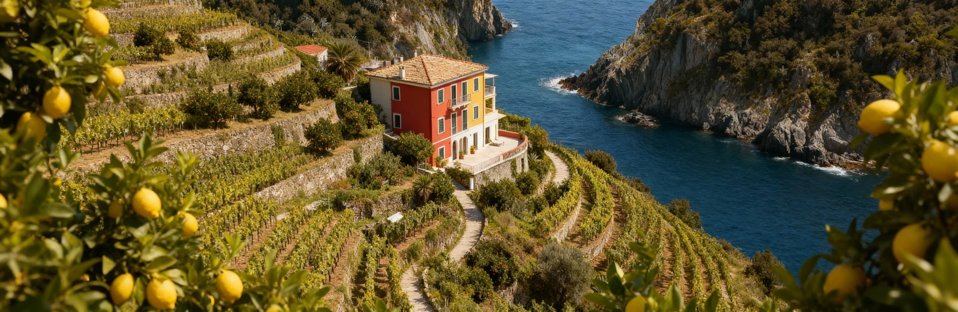 Panorama delle Cinque Terre con villa vista mare, case colorate e sentieri tra vigneti profumati di limoni.