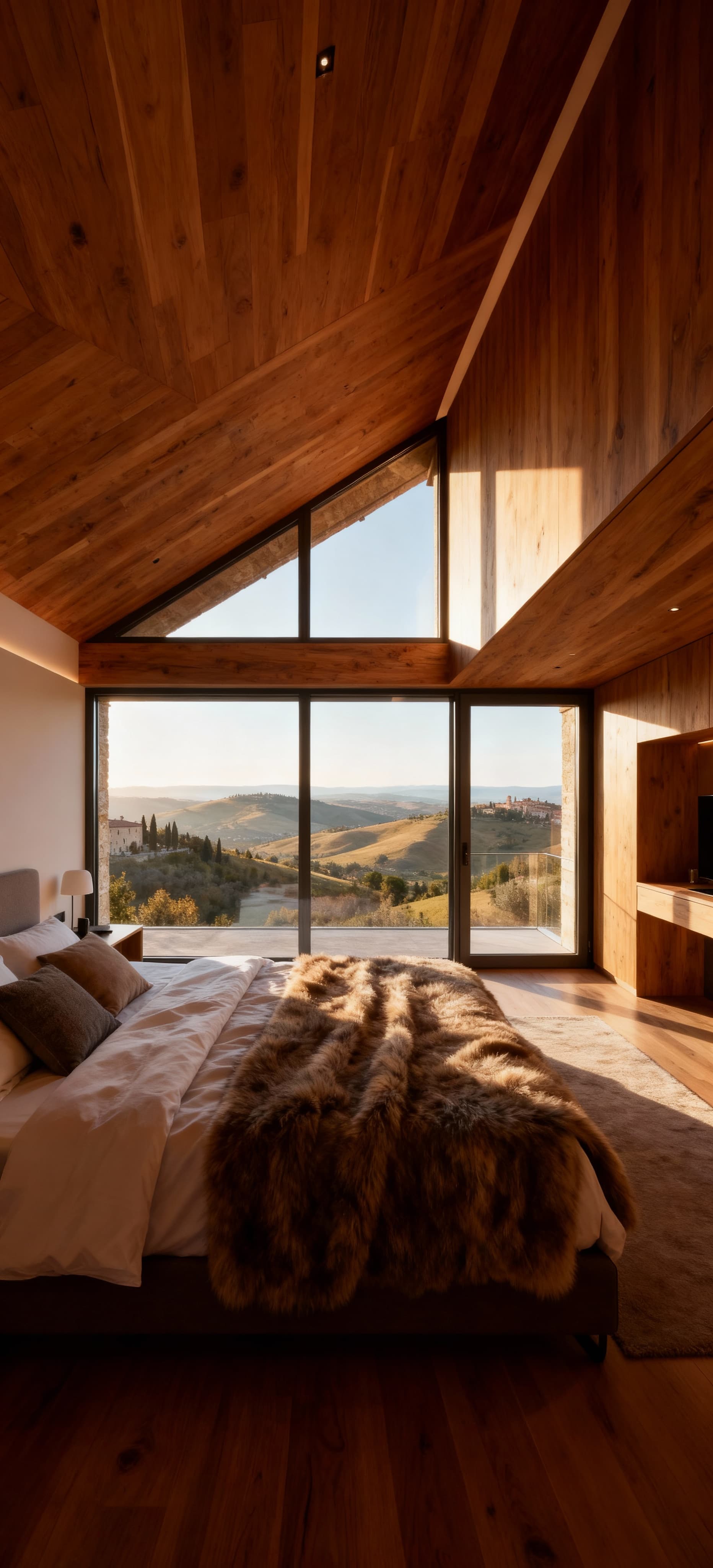 Attico panoramico a Perugia, interni eleganti in legno e vetro, luce del mattino che illumina la vista sulle colline umbre.