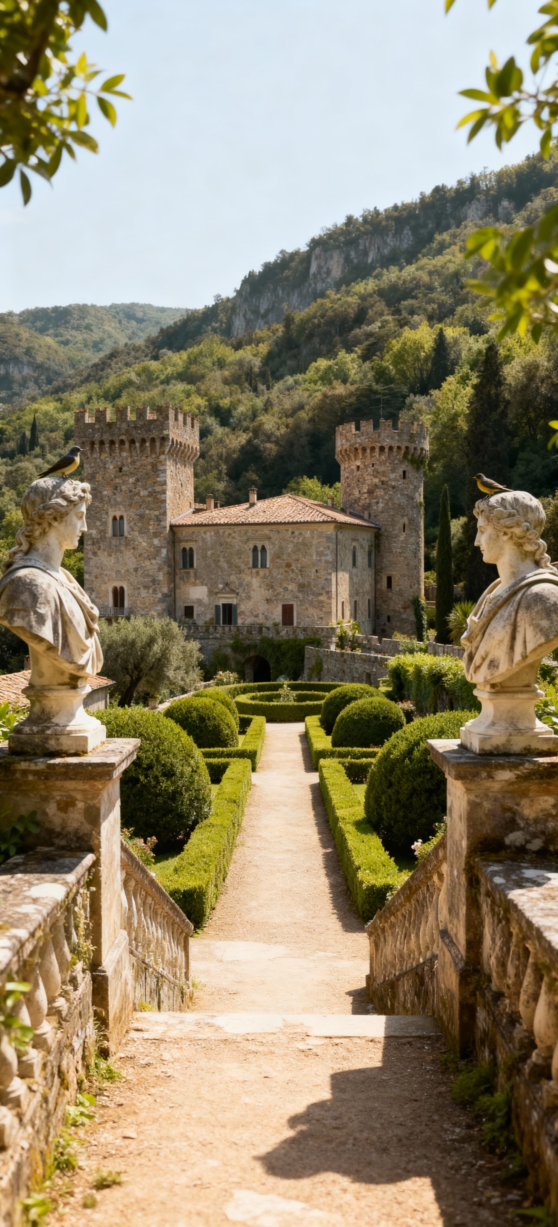 Castello storico in Lombardia, circondato da un giardino all'italiana, con torri e statue classiche immerso nella natura.