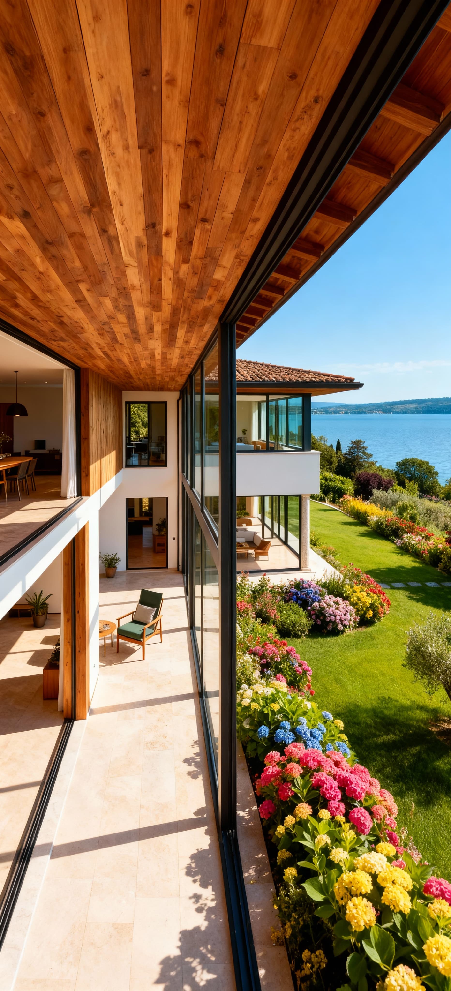 Villa moderna in vendita nella Valle d'Aosta, vista lago, ampie terrazze e giardino rigoglioso. Design elegante e luminoso.