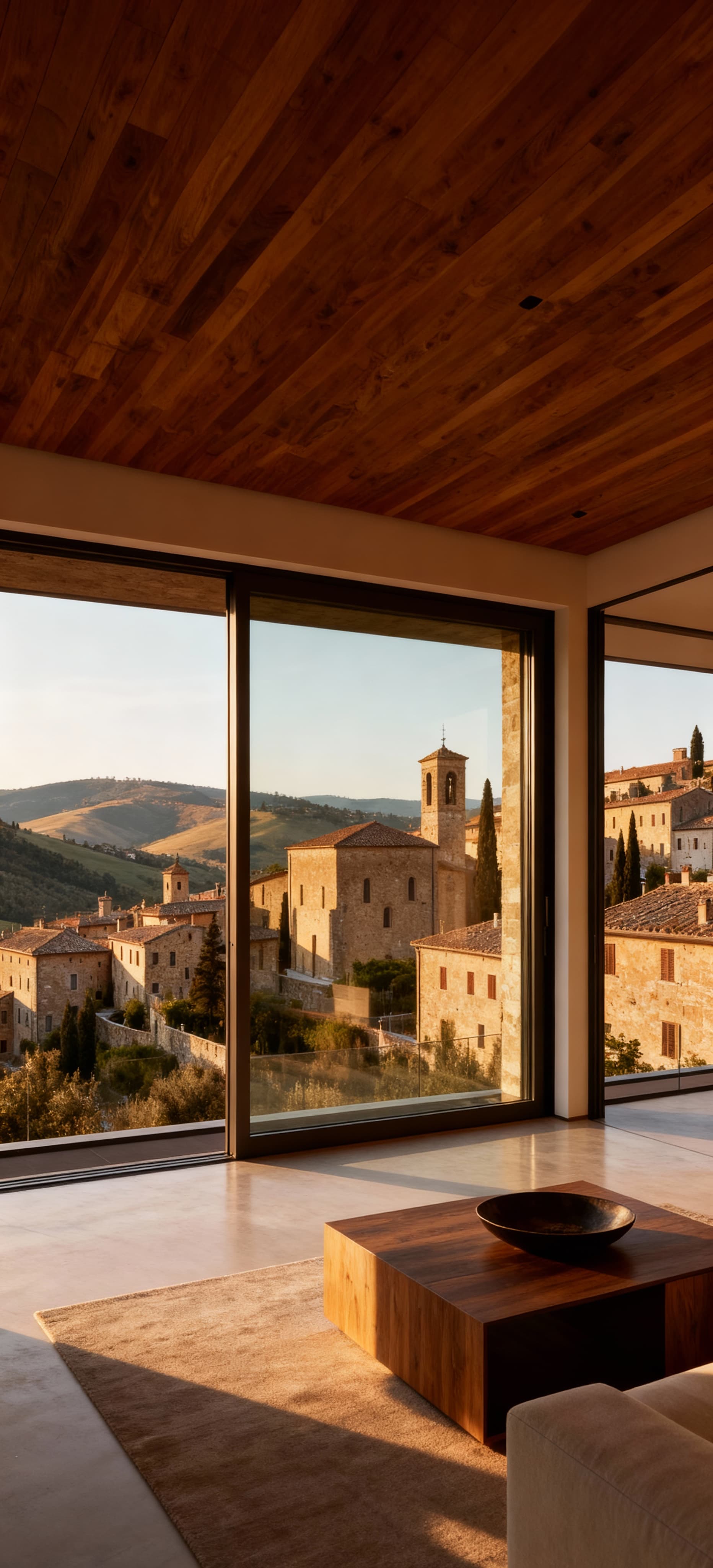 Attico di lusso in Trentino-Alto Adige, con vetrate che affacciano su colline e borghi storici, interni eleganti in legno e vetro.