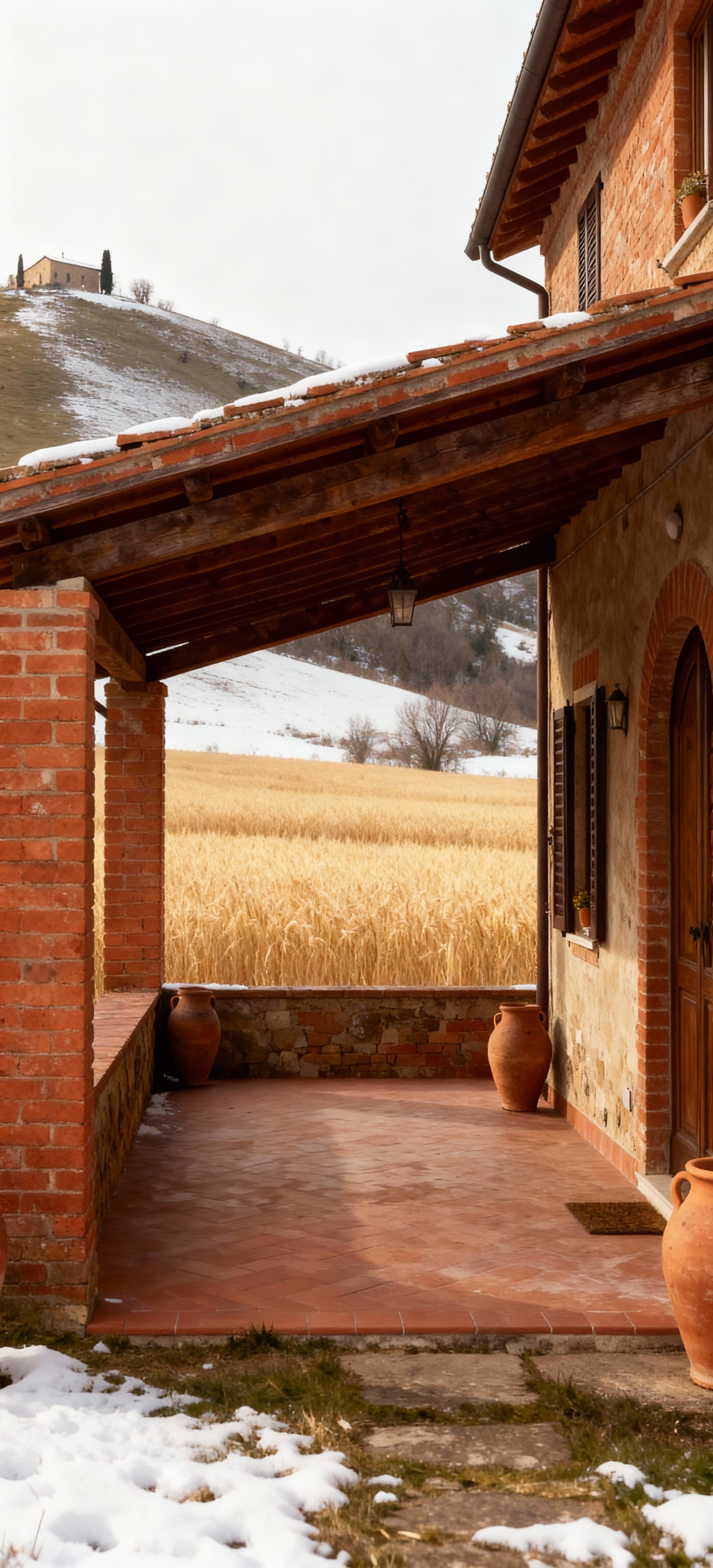 Rustico tradizionale in vendita in provincia di Forlì-Cesena, con mattoni rossi e portico affacciato su un campo dorato.