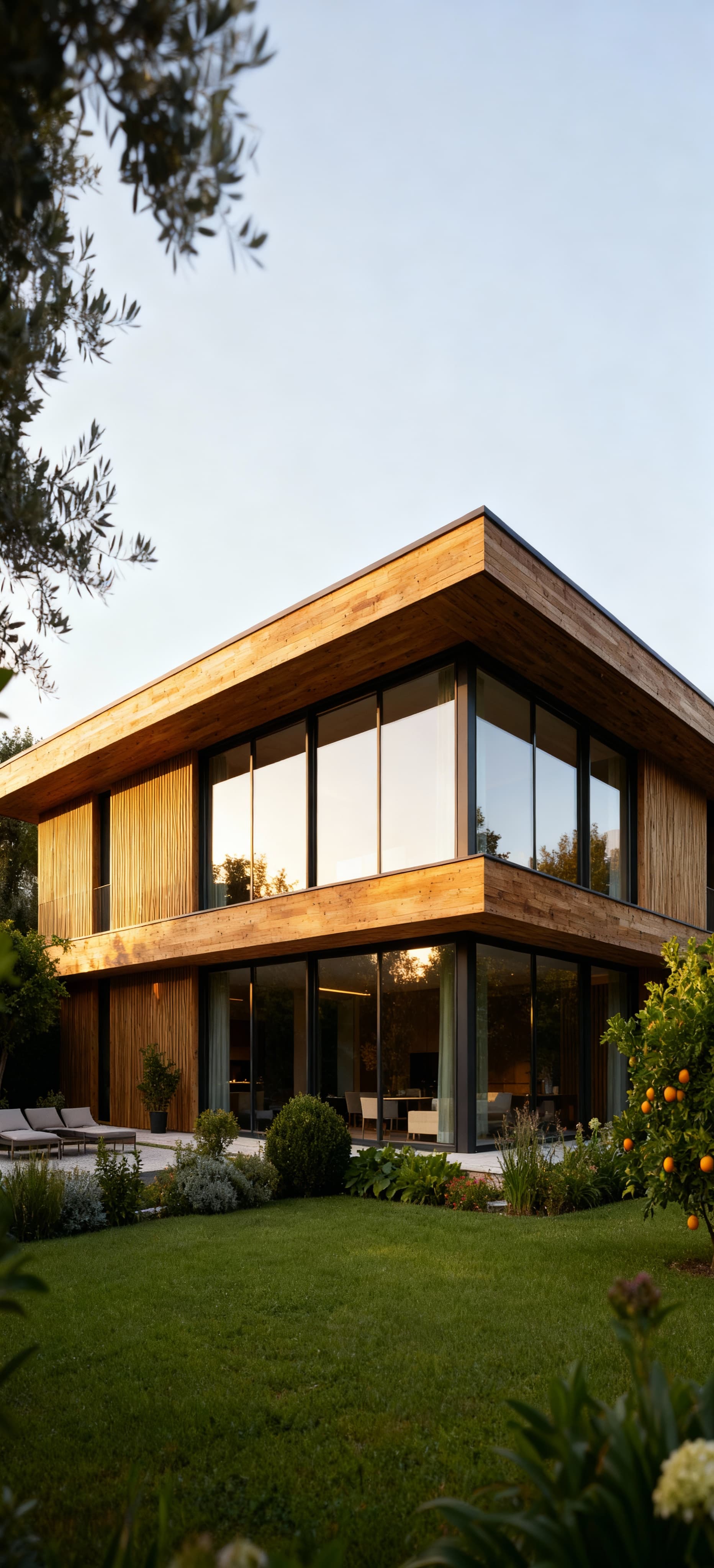 Immobili di prestigio in vendita a Gorizia, con architettura moderna in vetro e legno immersi in un giardino verdeggiante.