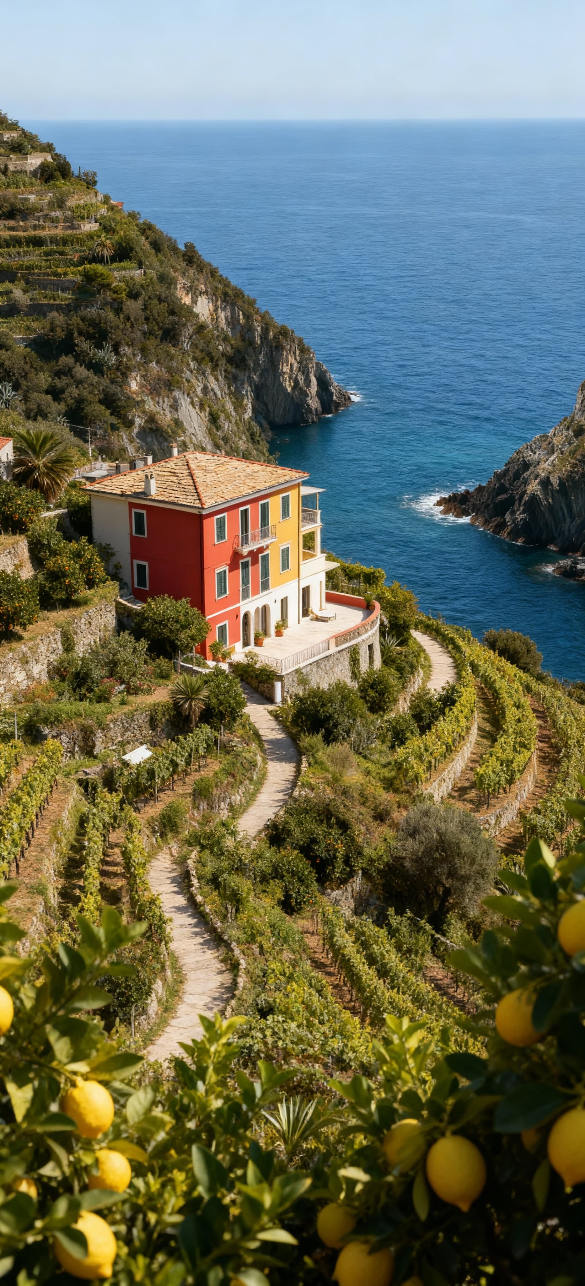 Panorama delle Cinque Terre con villa vista mare, case colorate e sentieri tra vigneti profumati di limoni.
