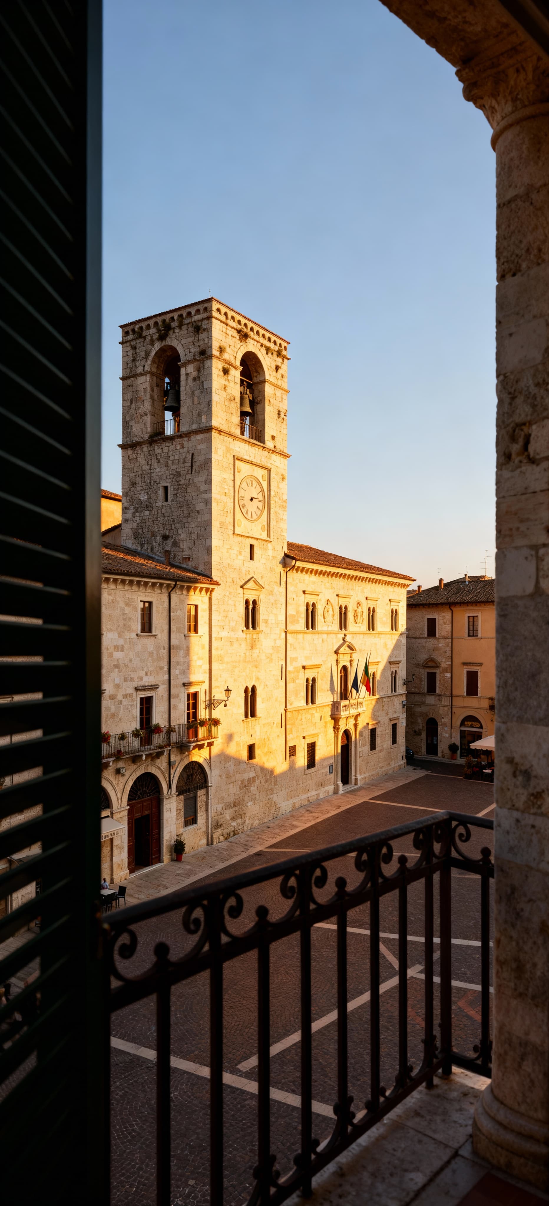 Modern apartments for sale in Ascoli Piceno's historic center, surrounded by medieval squares and stone buildings.