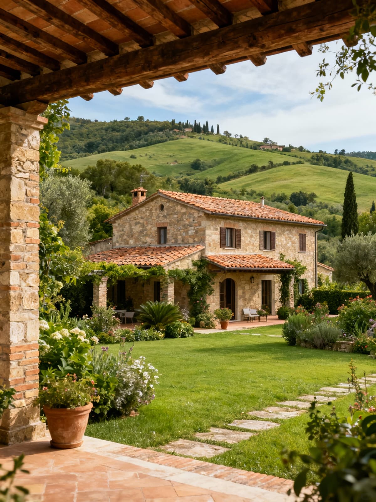 Luxury stone villa amidst lush green hills and historic villages of Umbria, showcasing traditional architecture and serene landscape.